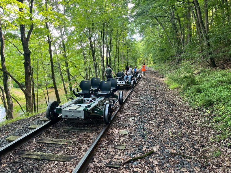 A line of green four-seat Rail Gliders on a wooded riverside track.